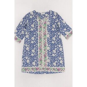 SZ Blockprints Women's Blue‎ Floral Print Dress Tunic Cover Up Bohemian- Medium